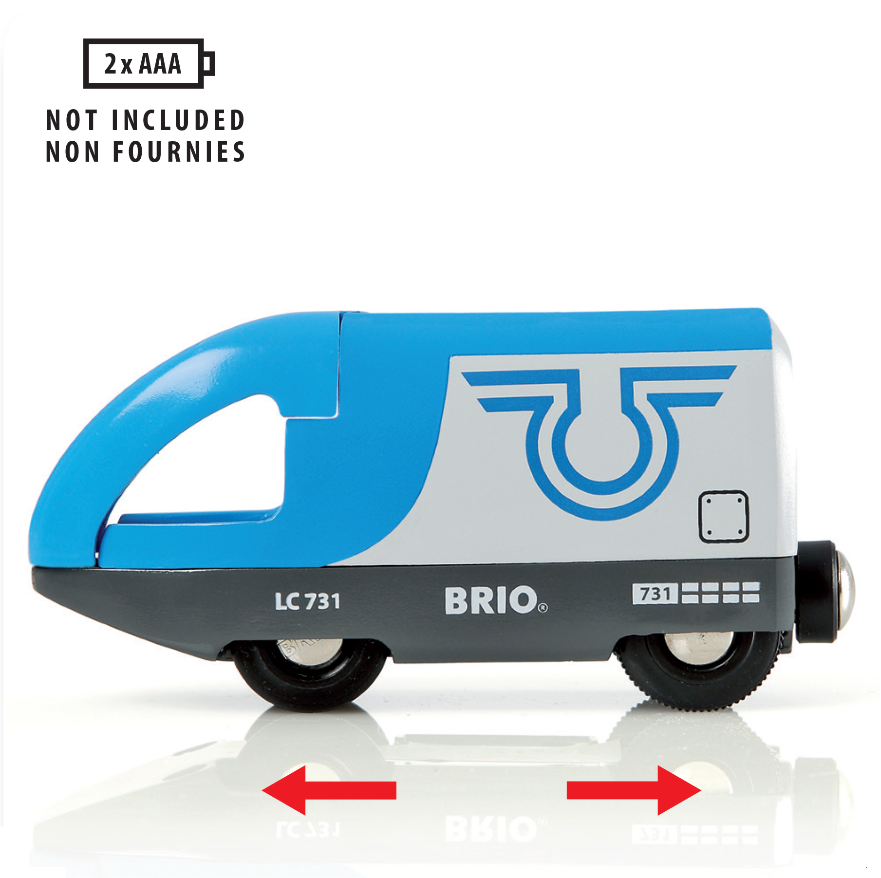 Blauer und grauer BRIO Zug mit weißem Logo und Nummer 731.