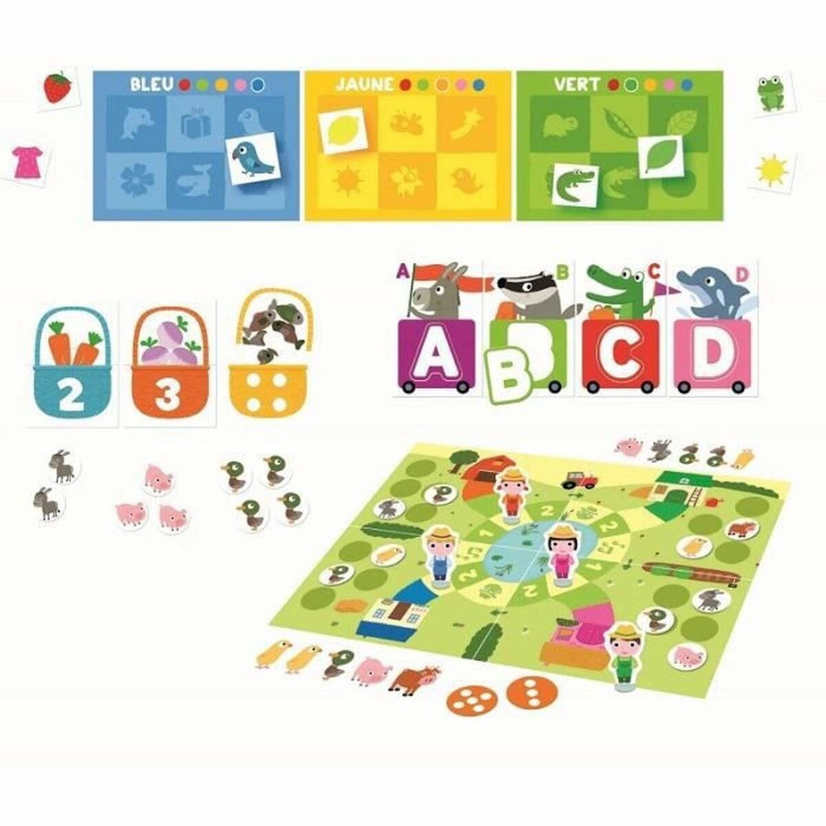 Juego de mesa con tema de granja, animales de granja y tarjetas de aprendizaje.