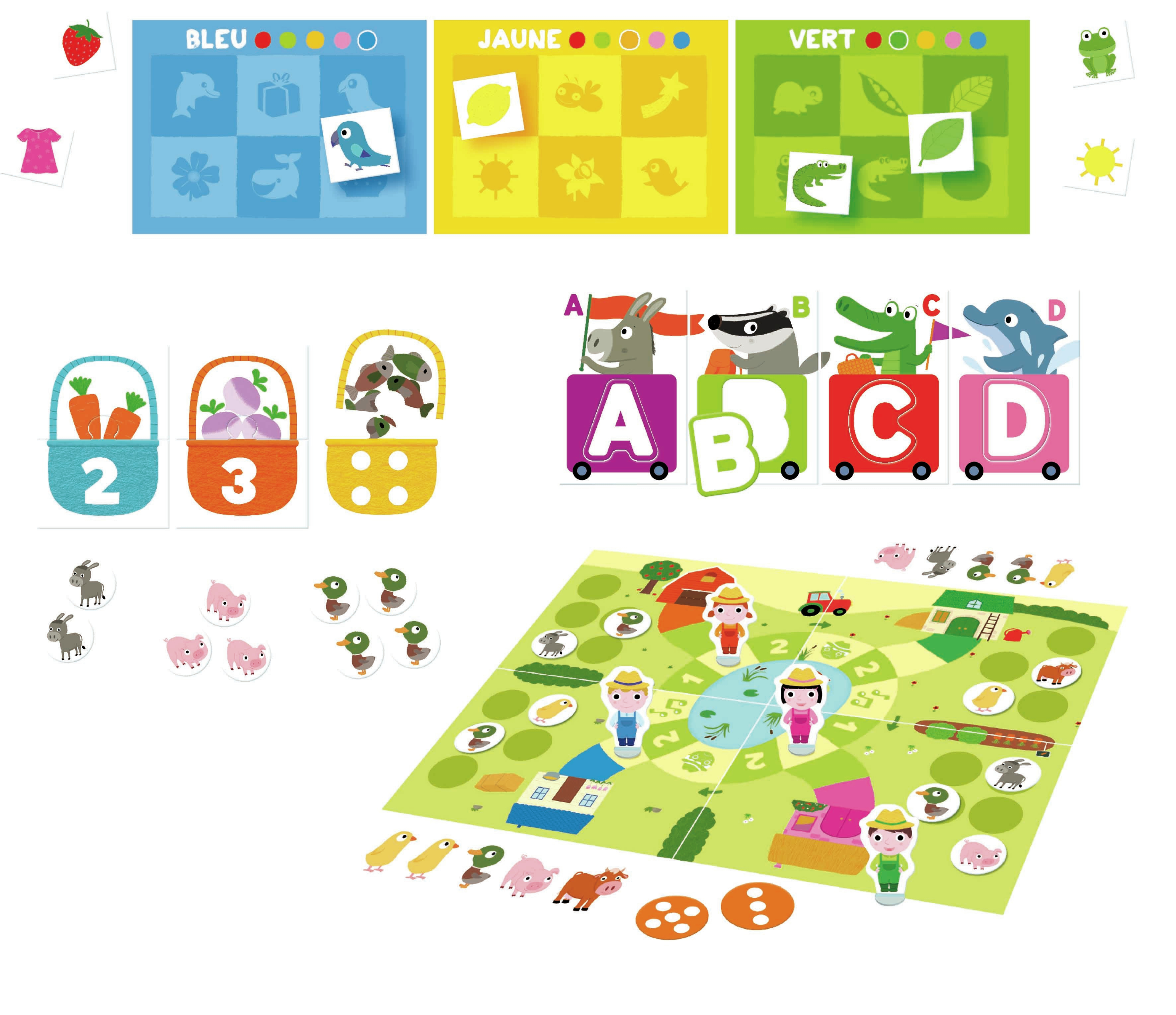 Componentes de juego coloridos con animales de granja, letras y números en un tablero.