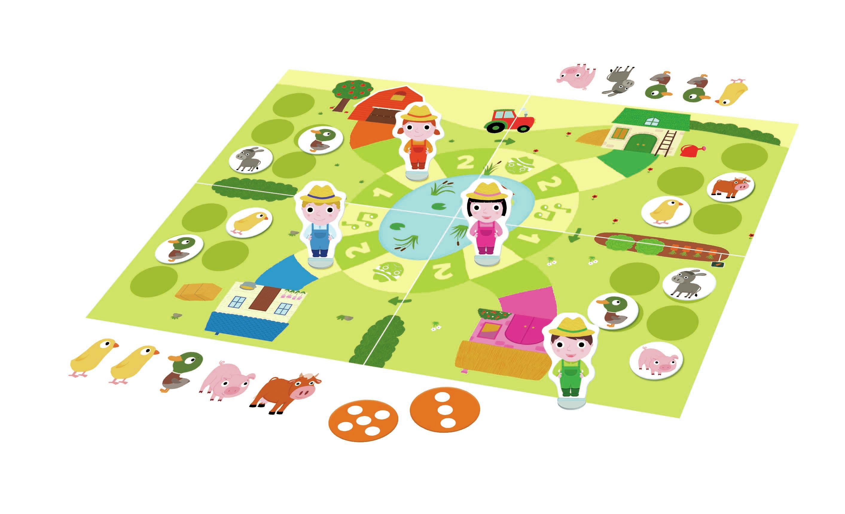 Juego de mesa de granja con personajes, animales, casas y un tractor.