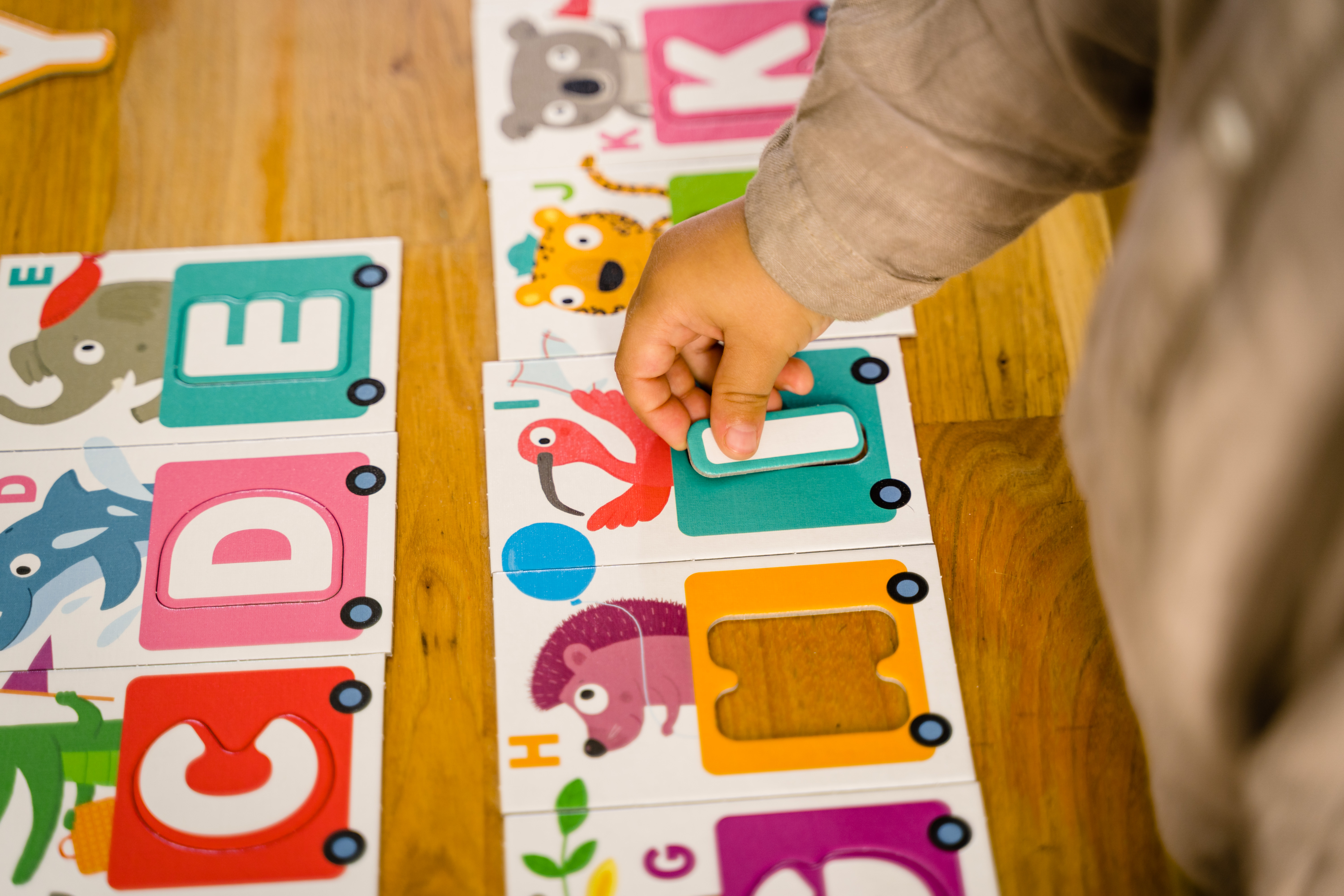 Un niño coloca una pieza de puzzle en una tarjeta de letras con un flamenco.