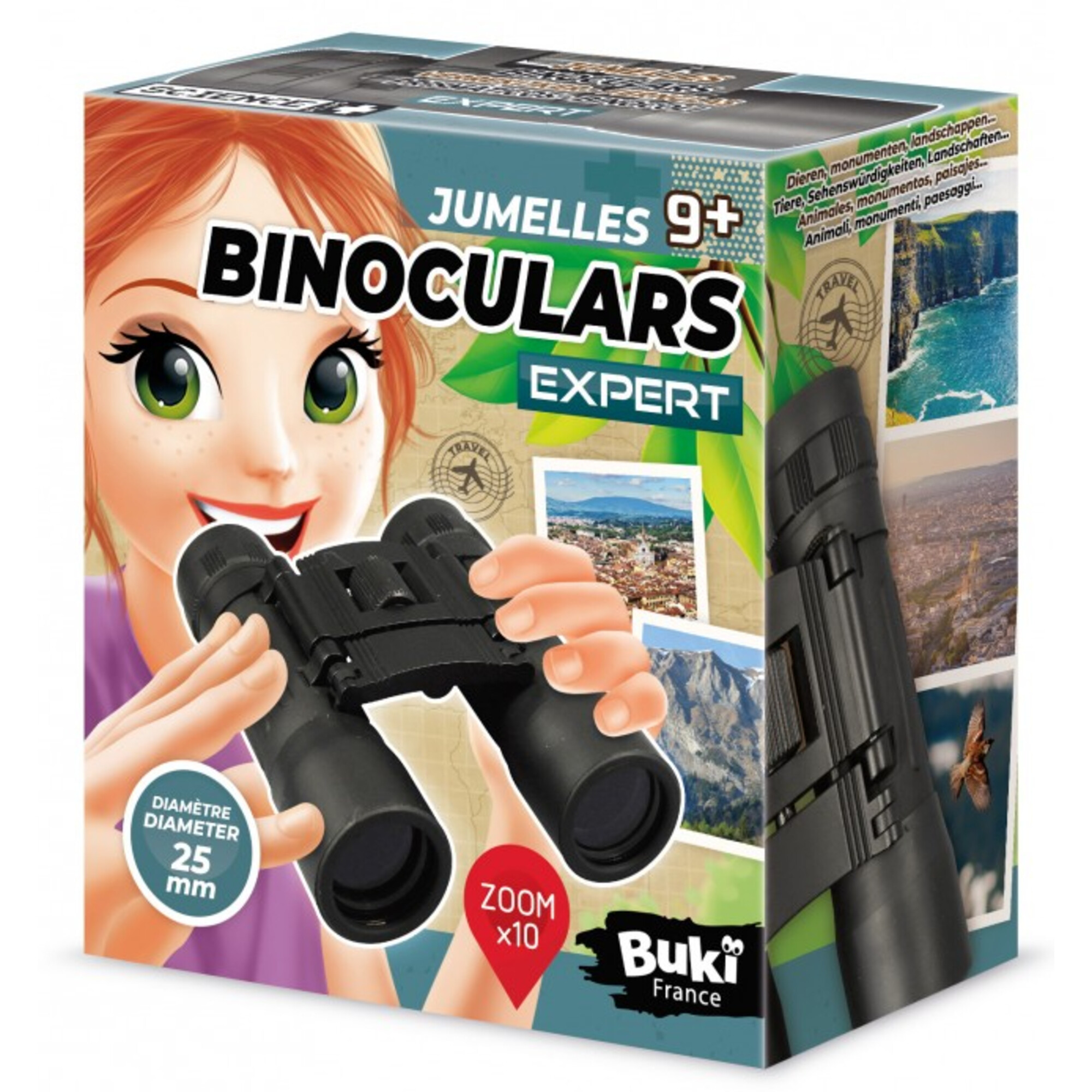 Confezione di binocoli con bambina e foto di viaggio.