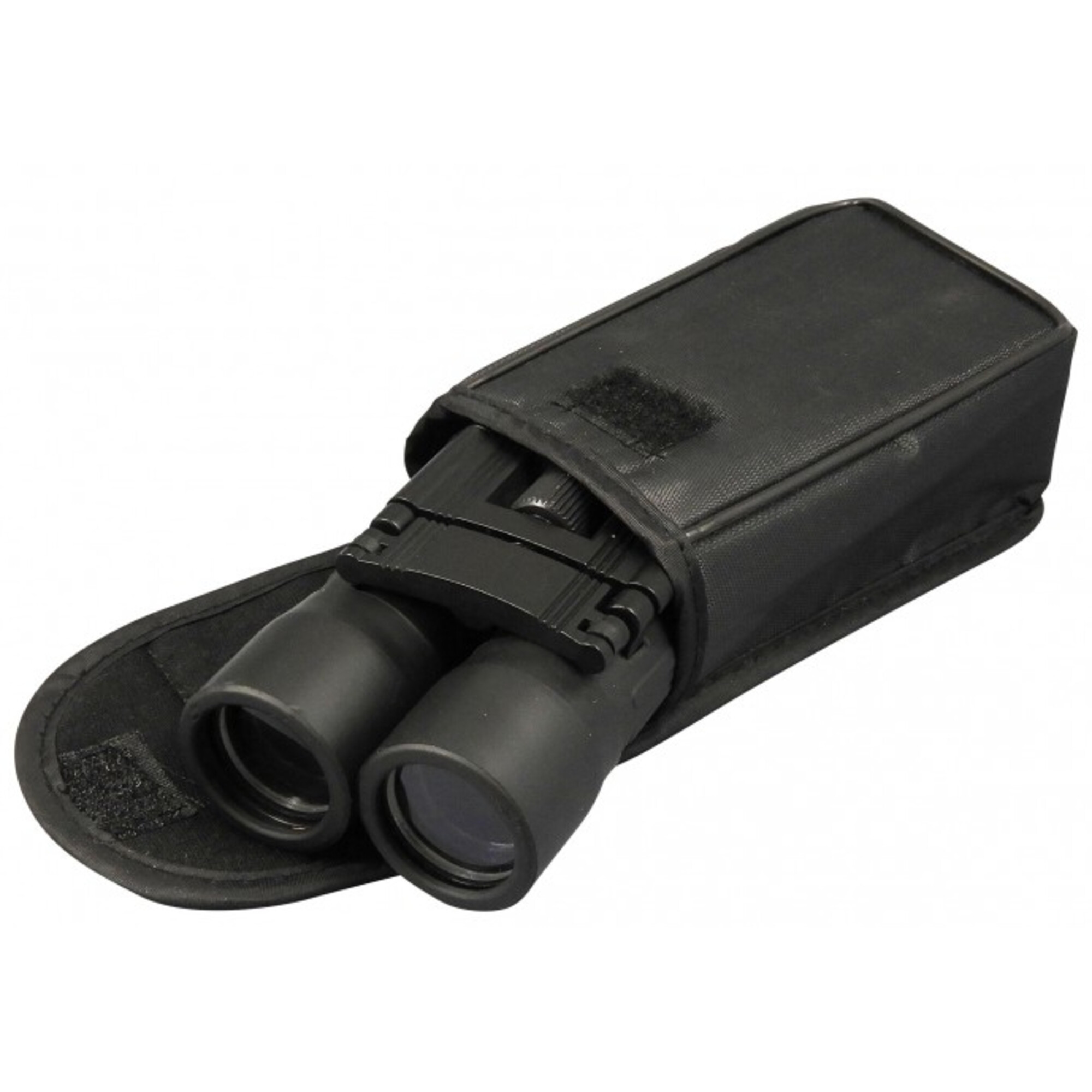 Binocolo nero parzialmente in una custodia nera aperta con velcro.