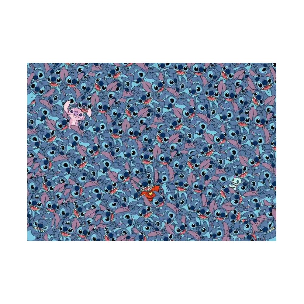 Plusieurs Stitch bleus avec un rose en haut à gauche et un rouge au centre.