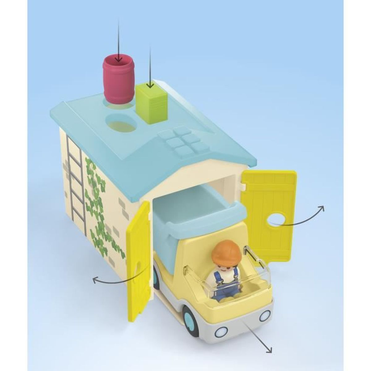 Un garaje de juguete con puertas amarillas y un camión de juguete amarillo con conductor.