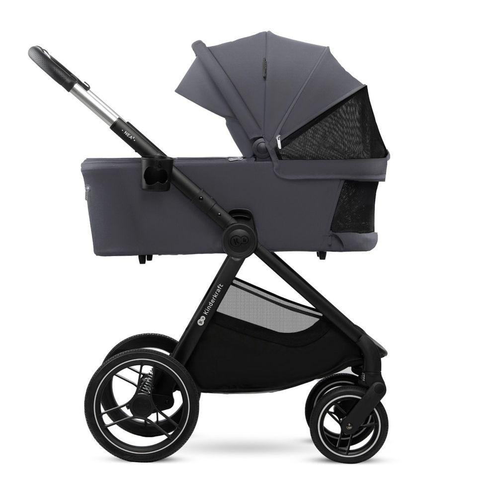 Dunkelgrauer Kinderwagen mit verstellbarem Griff, Verdeck und Aufbewahrungskorb.
