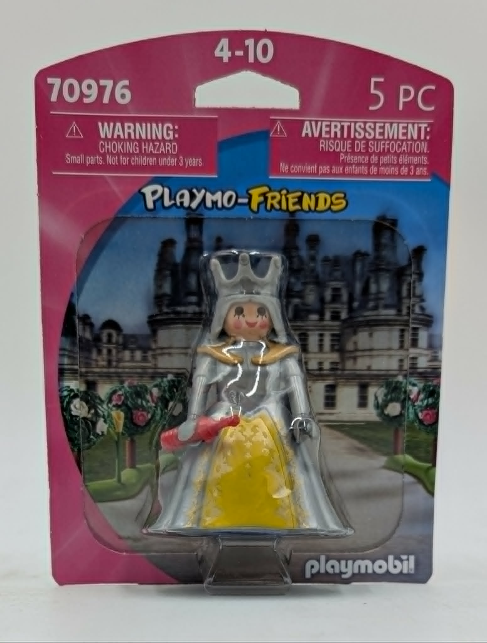 Playmobil-Königin Figur in silberner Rüstung mit gelbem Kleid, hält rote Flasche.