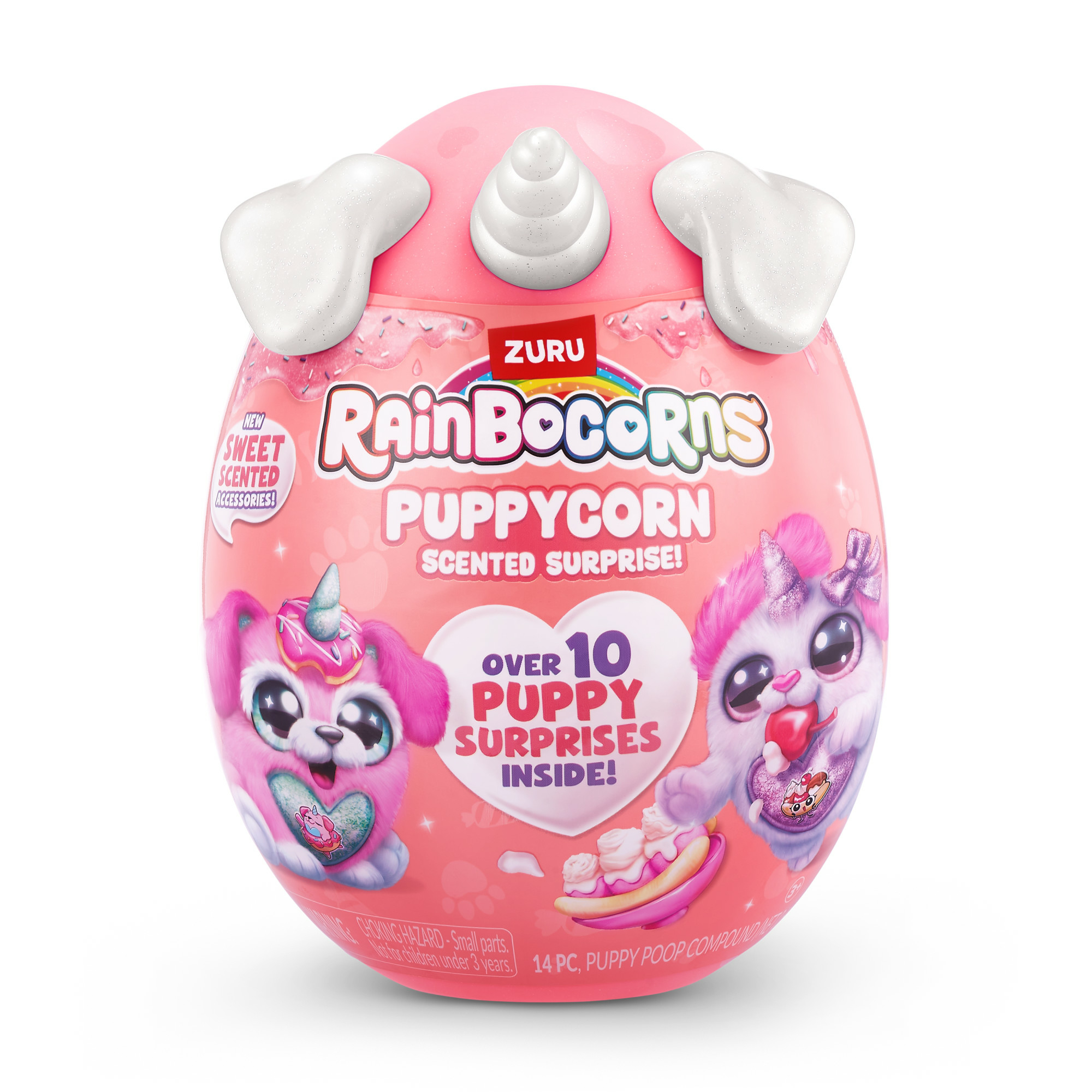 Ein rosa Ei-Spielzeug mit dem Aufdruck RainBocorns Puppycorn, zwei Welpenbildern und Sternen.