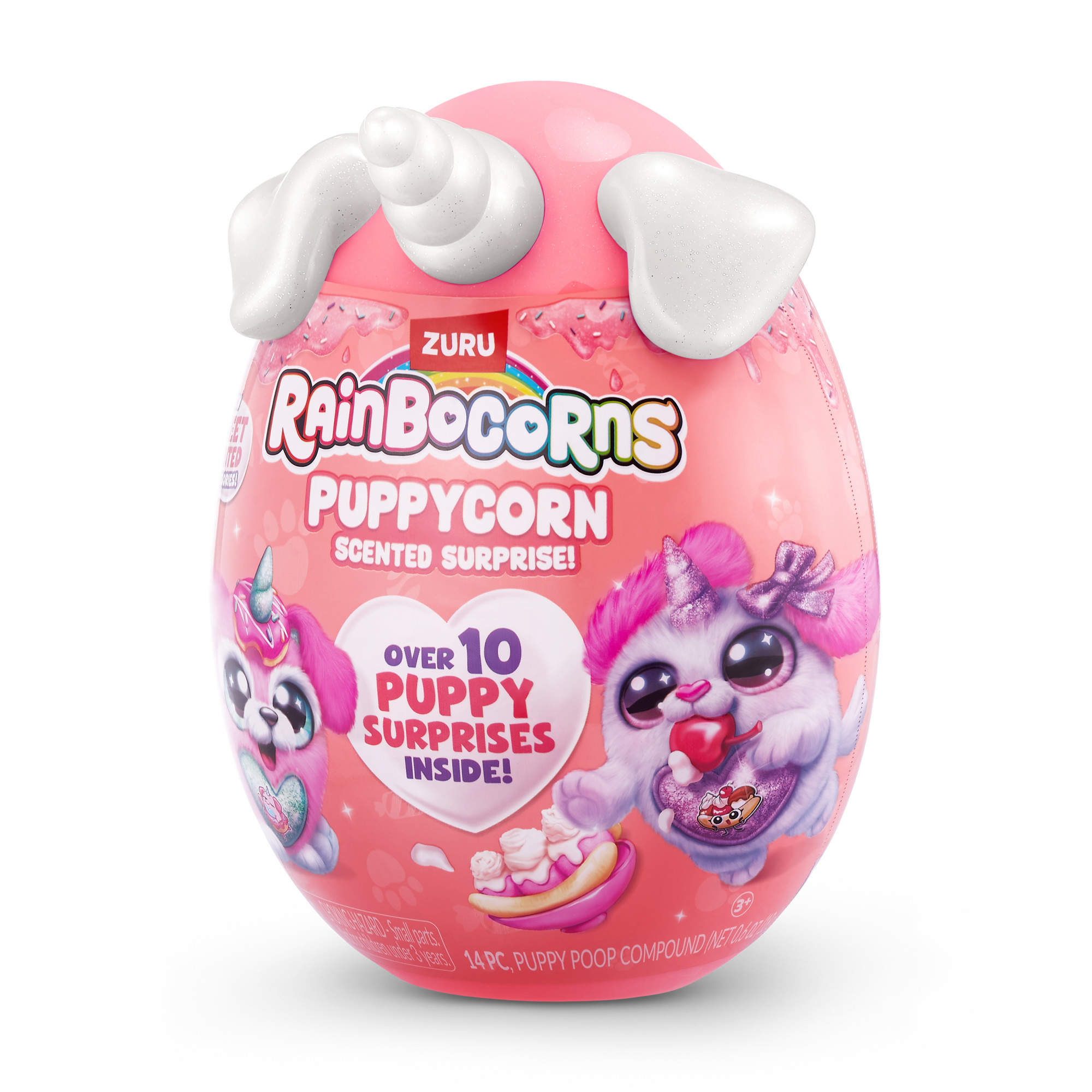 Ein rosa Ei-förmiges Spielzeug mit dem Titel RainBocorns Puppycorn, mit Welpen-Grafiken.