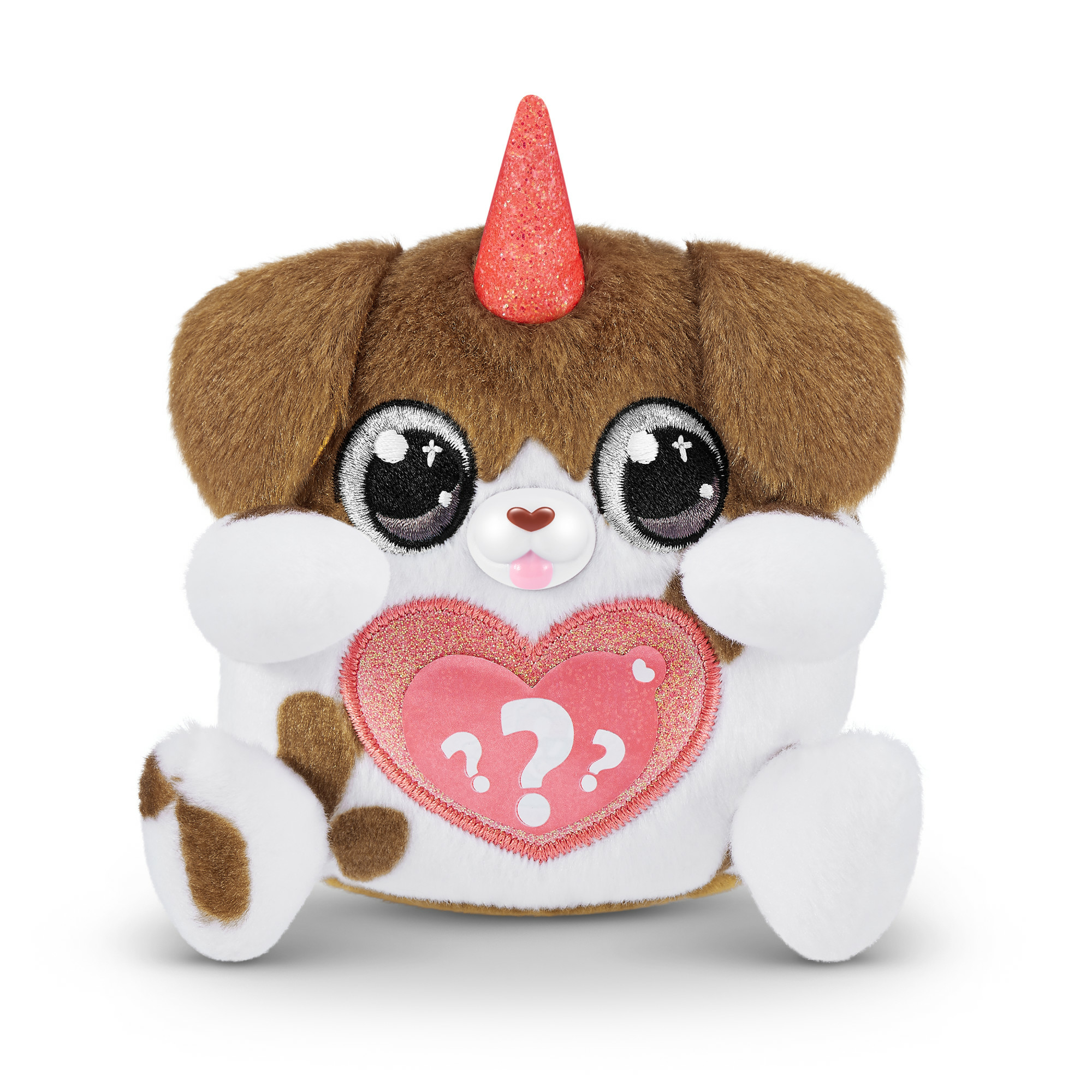 Ein braun-weißer Plüschhund mit großen Augen und einem Einhorn-Horn.