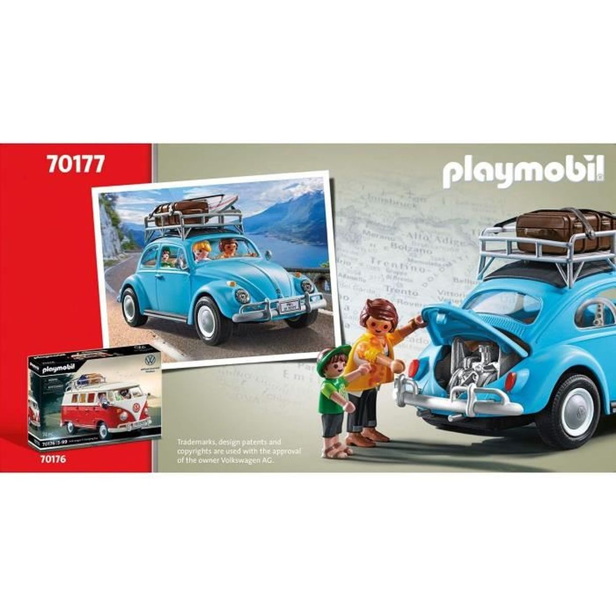 Ein blaues Playmobil-Käfer-Spielzeugauto mit Figuren und Gepäck auf dem Dach.