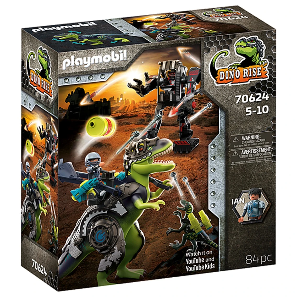 Caja Playmobil Dino Rise con dinosaurios y robots en acción.