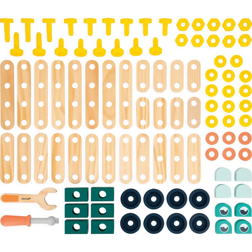 Blocs de construction en bois, boulons, écrous et outils colorés pour enfants.
