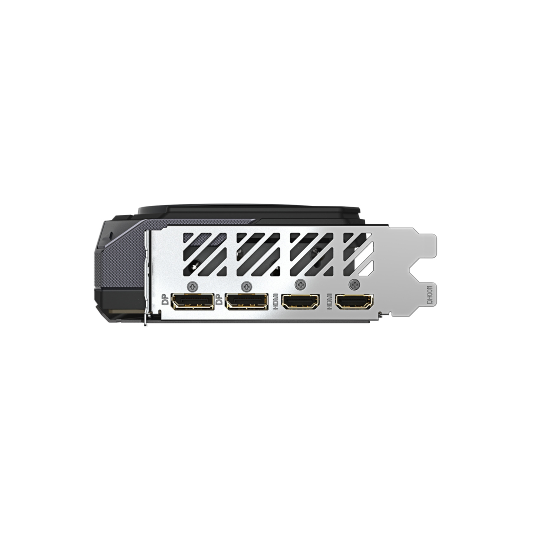 Graphics card with 2 DP and 2 HDMI ports, silver fan shroud.