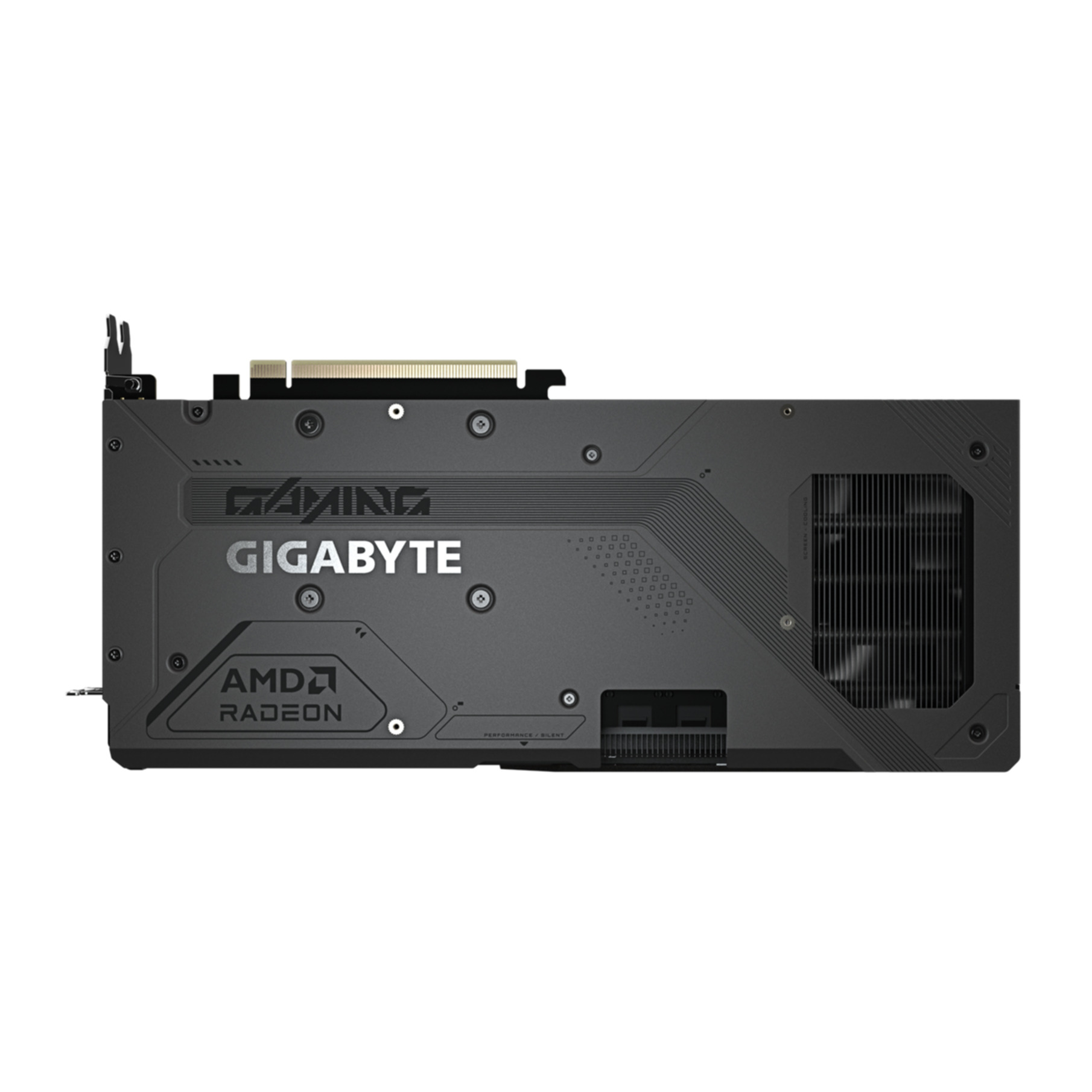 Back of a black Gigabyte Gaming AMD Radeon graphics card with fan and ports.