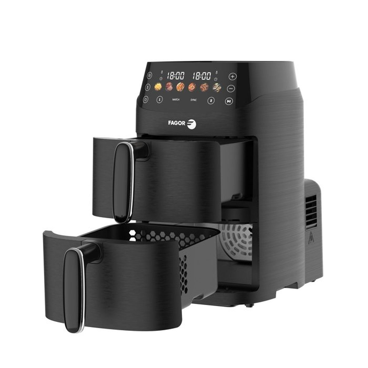 Friggitrice ad aria doppia nera con due cestelli e display digitale.