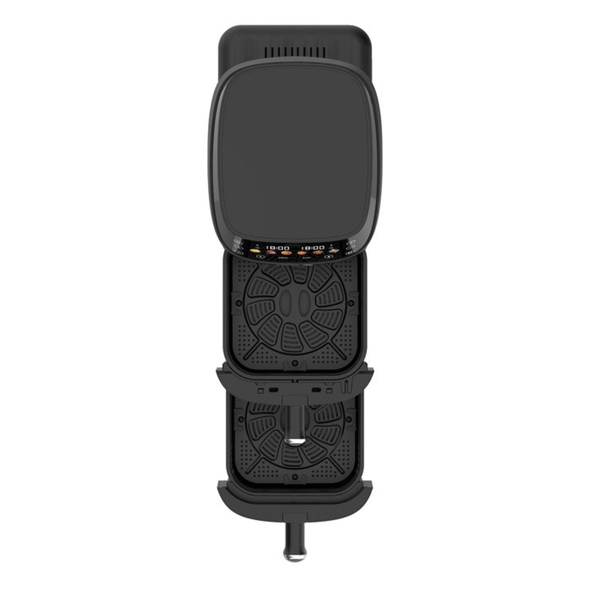 Friggitrice ad aria nera a doppio cestello con cassetti aperti e display.