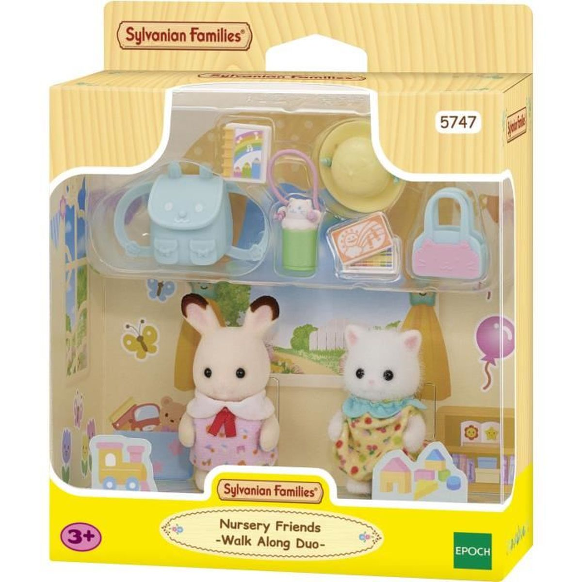 Sylvanian Families Spielzeugset mit Katze und Hase, Rucksack, Tasche, Hut und mehr.
