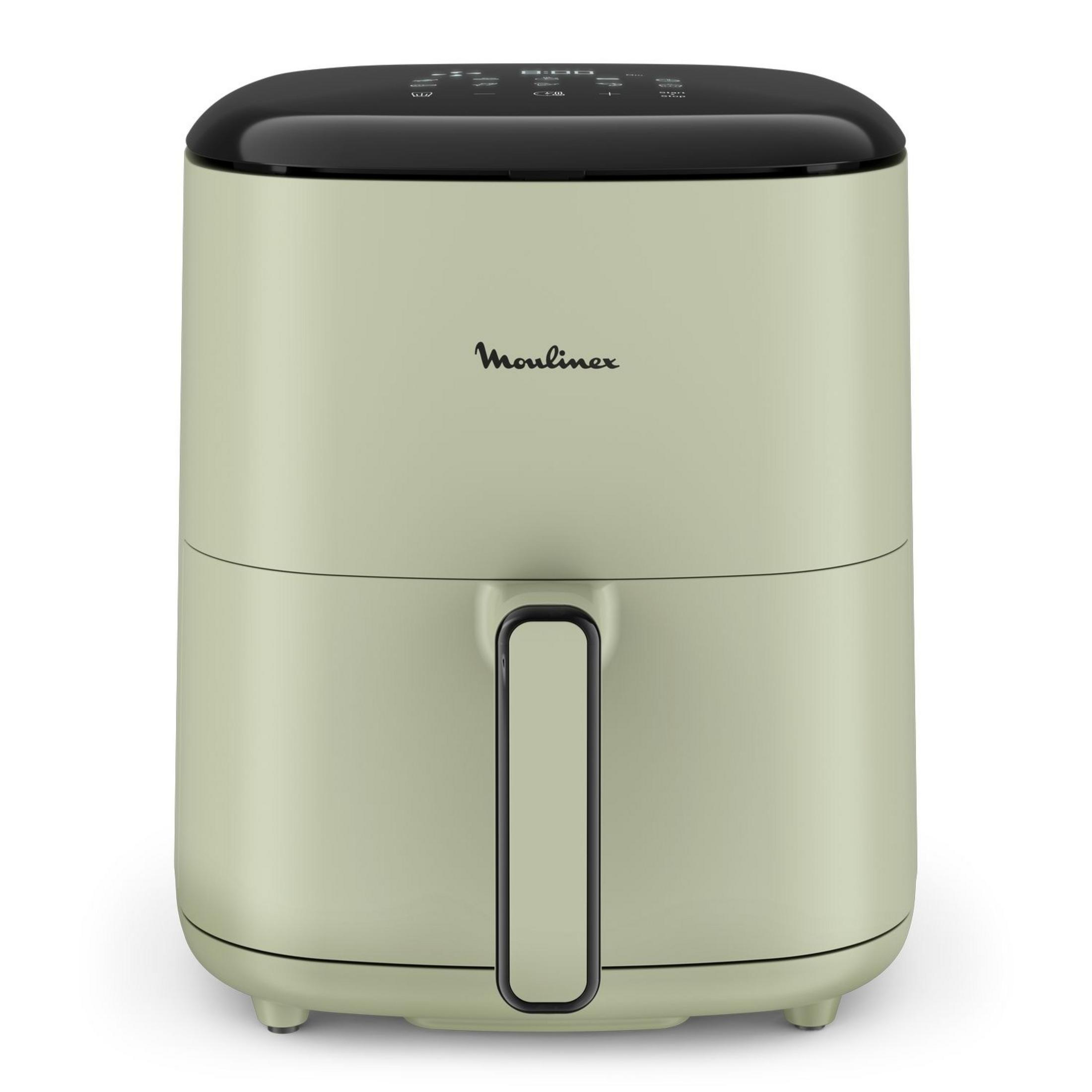 Una friggitrice ad aria verde chiaro con coperchio nero e display digitale.