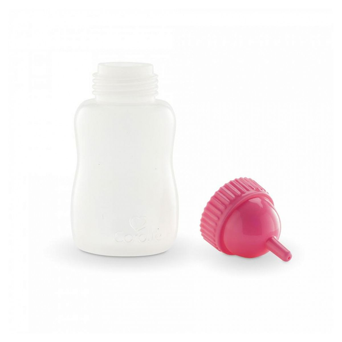 Eine weiße Flasche und ein rosa Deckel liegen nebeneinander.