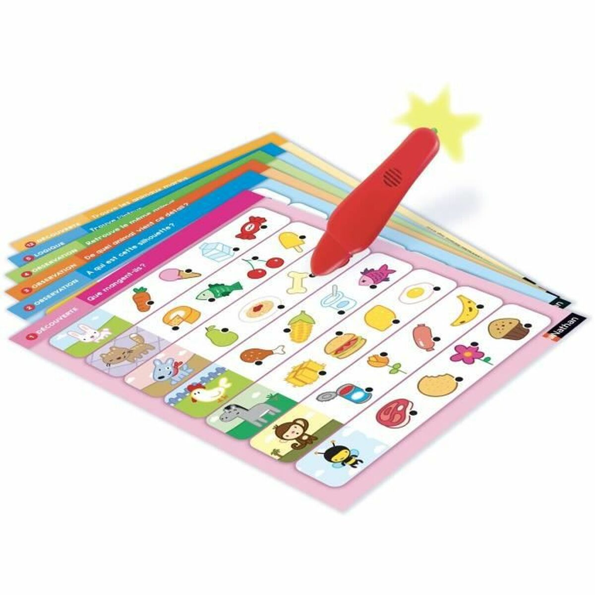 Ein roter Stift mit Stern leuchtet auf Lernkarten mit Bildern von Tieren, Lebensmitteln und Objekten.