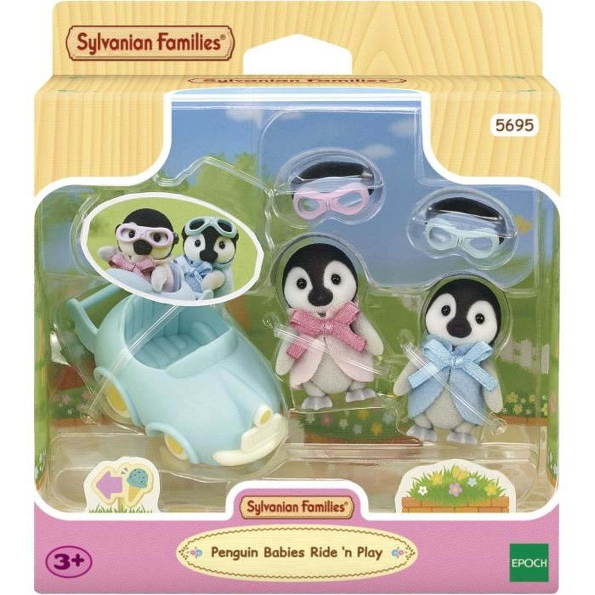 Juguete Sylvanian Families: Bebés pingüino con coche y gafas.