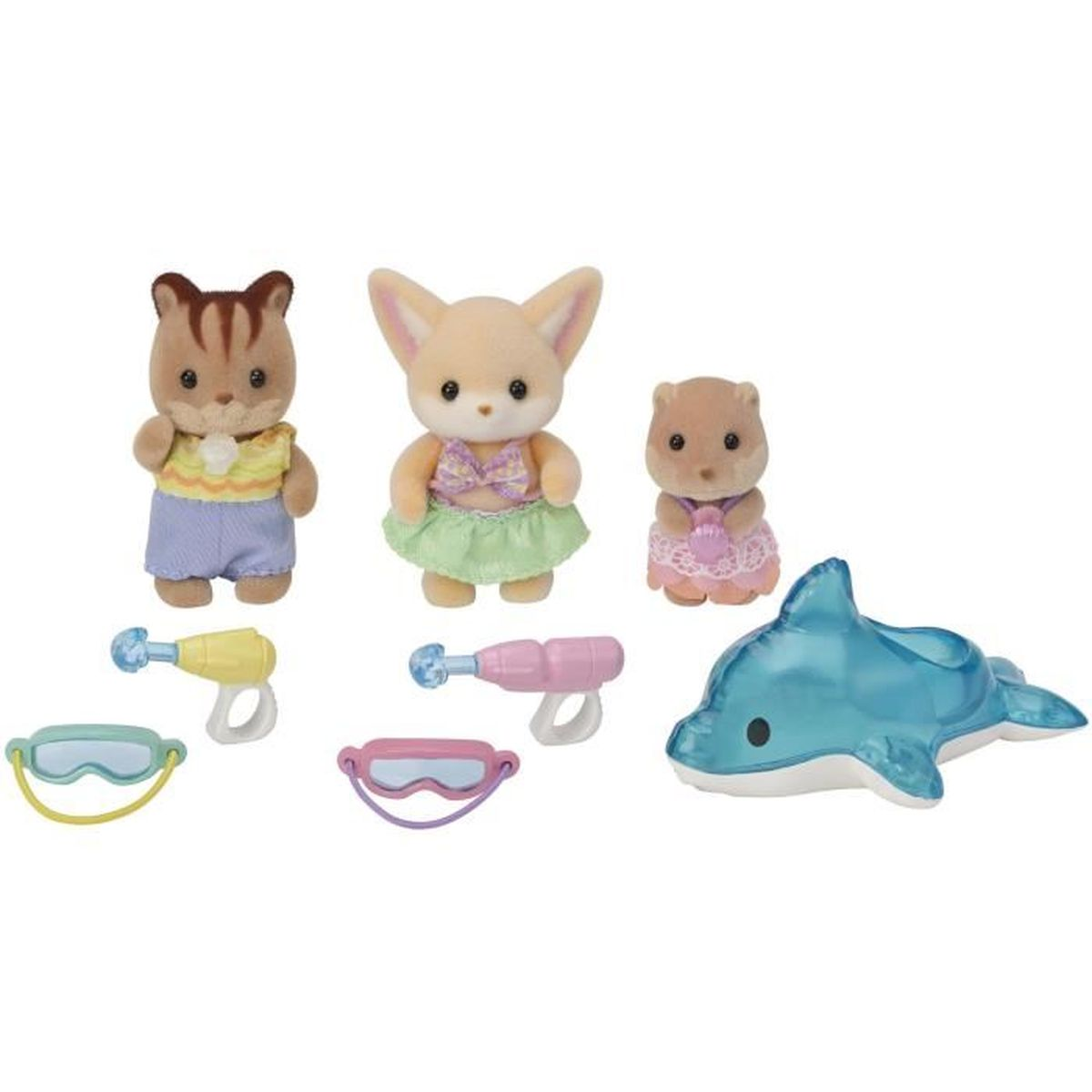 Tres figuras de animales en traje de baño con accesorios: delfín, gafas, pistolas.
