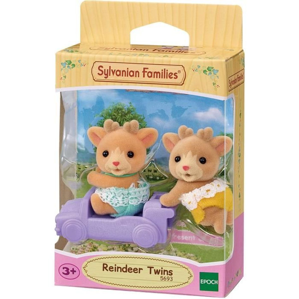 Dos gemelos renos Sylvanian Families en un coche de juguete morado.