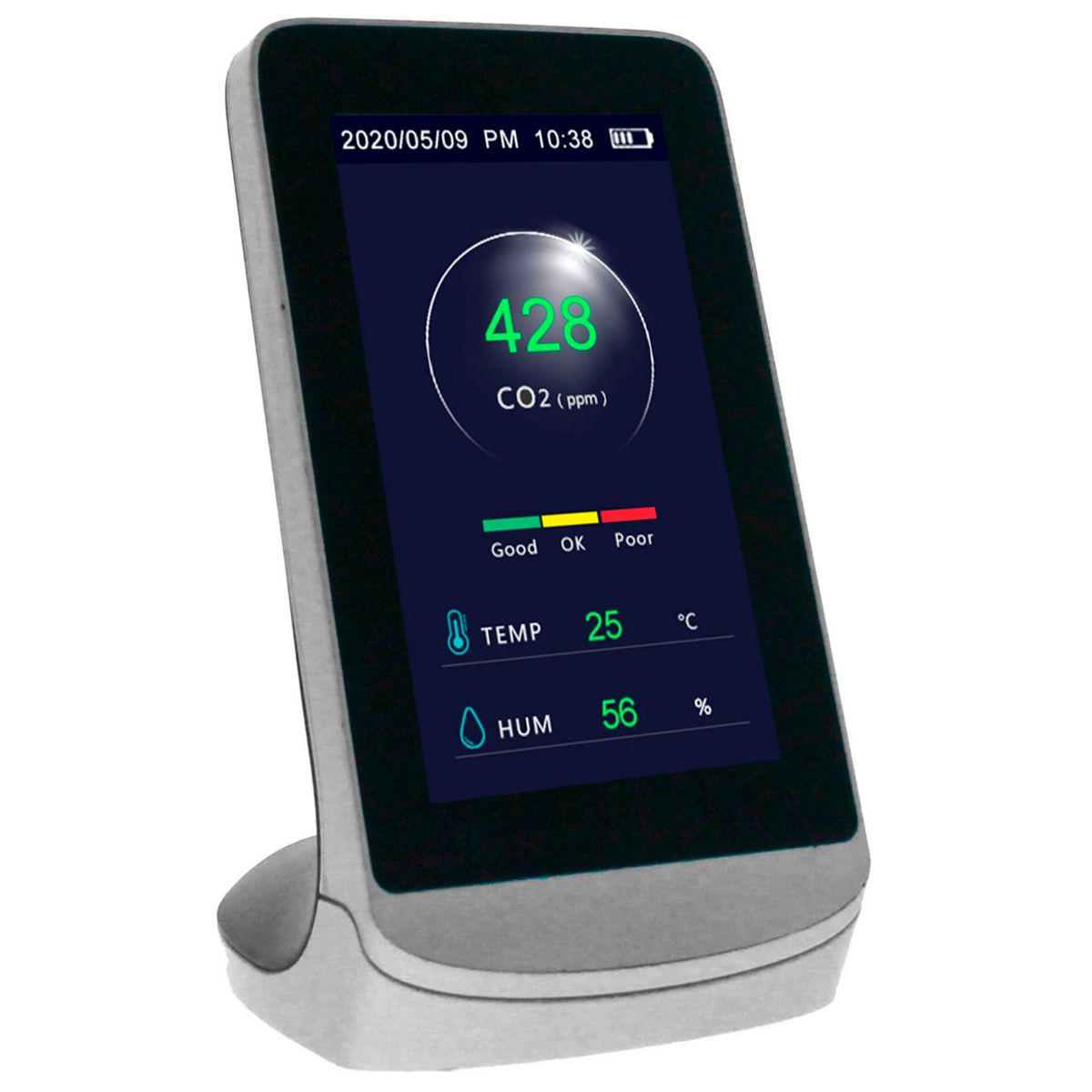 Un misuratore di CO2 mostra 428 ppm di CO2, 25°C e 56% di umidità.