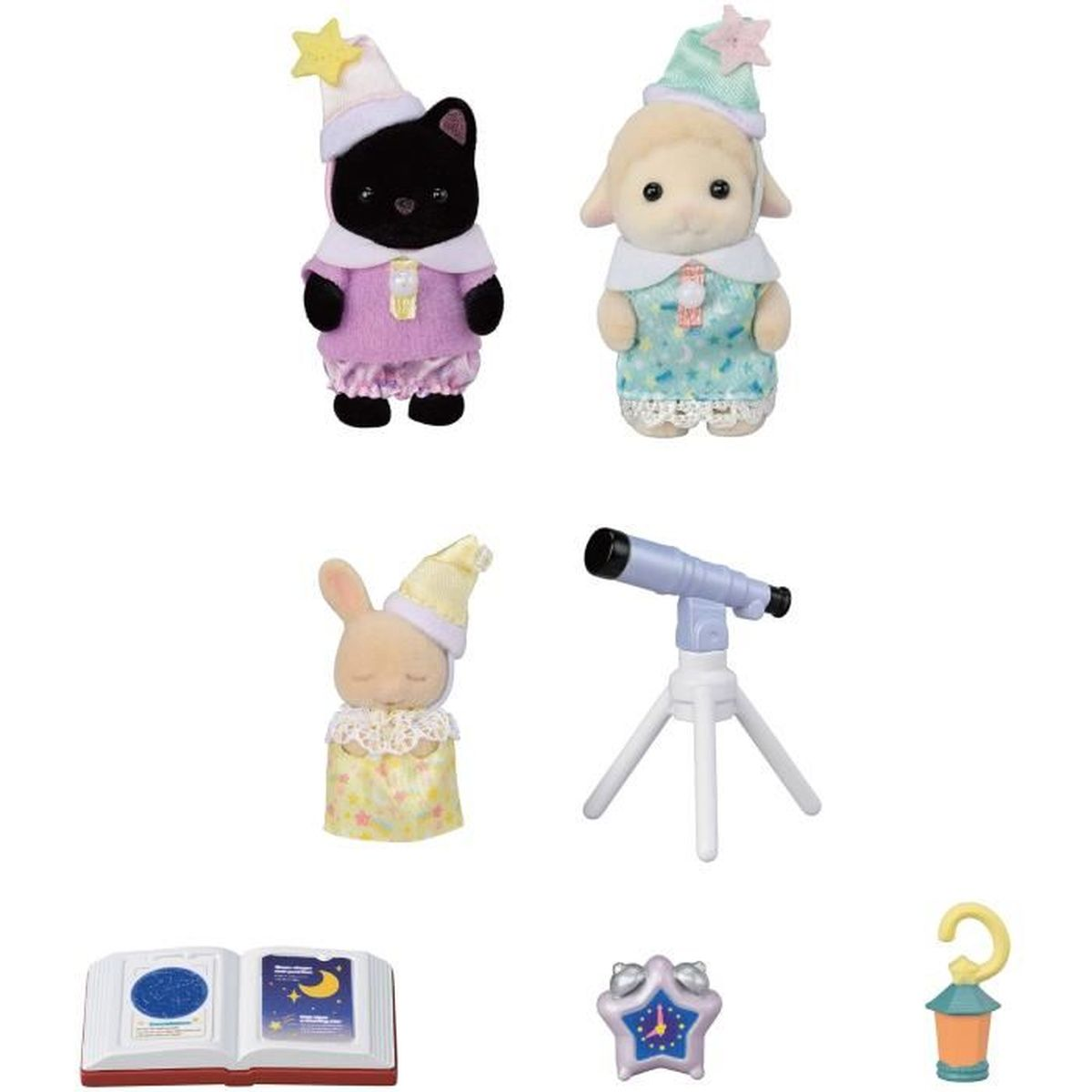 Figuras de juguete: gato negro, oveja, conejo en pijama, telescopio, libro, reloj estrella, farol.