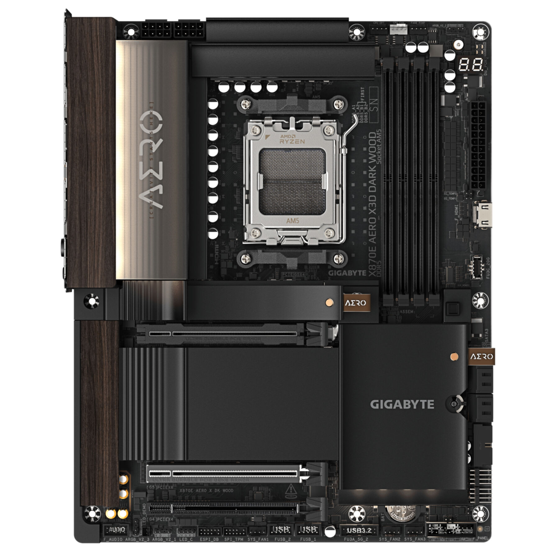 Una placa base oscura con detalles de madera, zócalo de CPU, ranuras RAM y conectores.