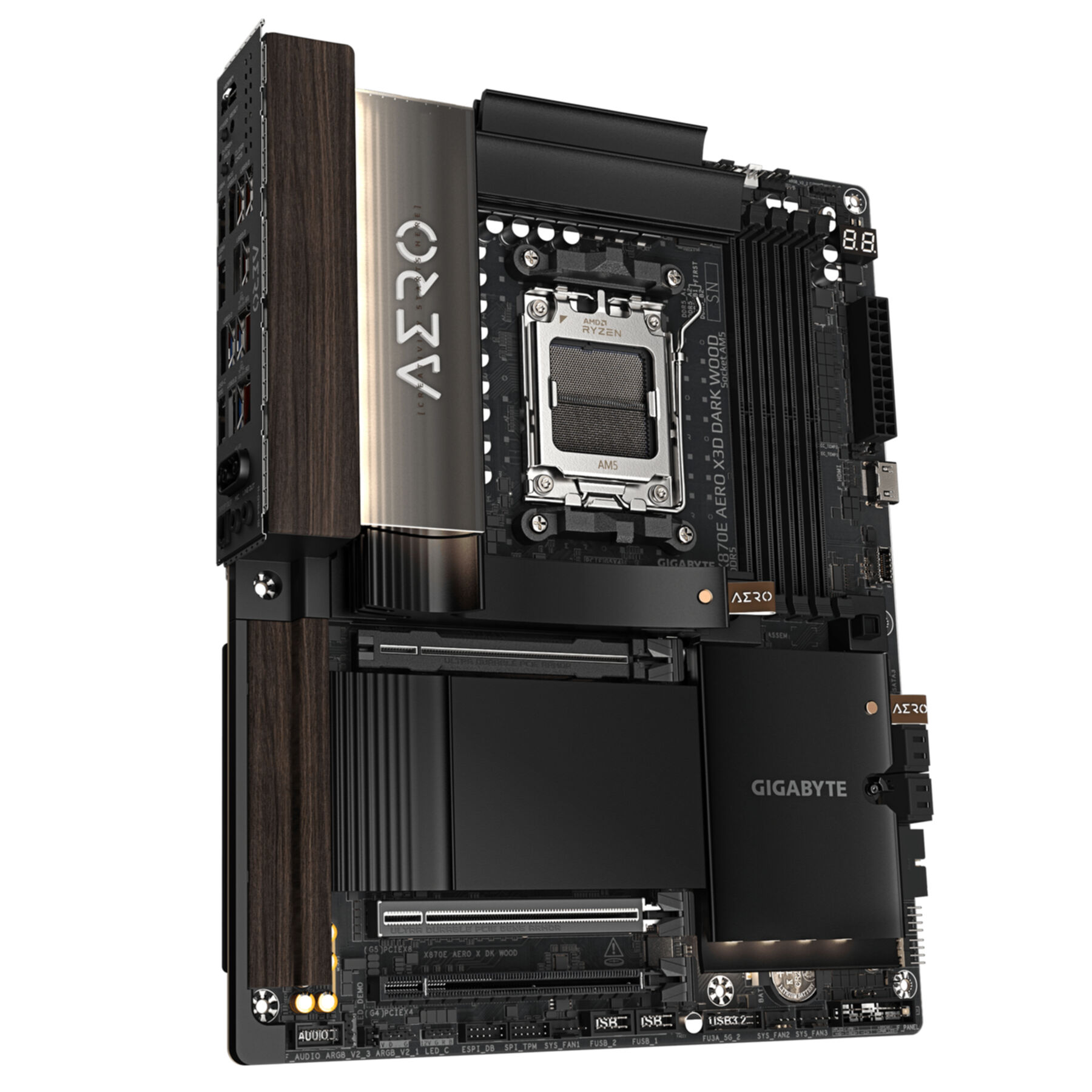 Una placa base negra con detalles de madera y plateados, muestra zócalo de CPU y puertos.