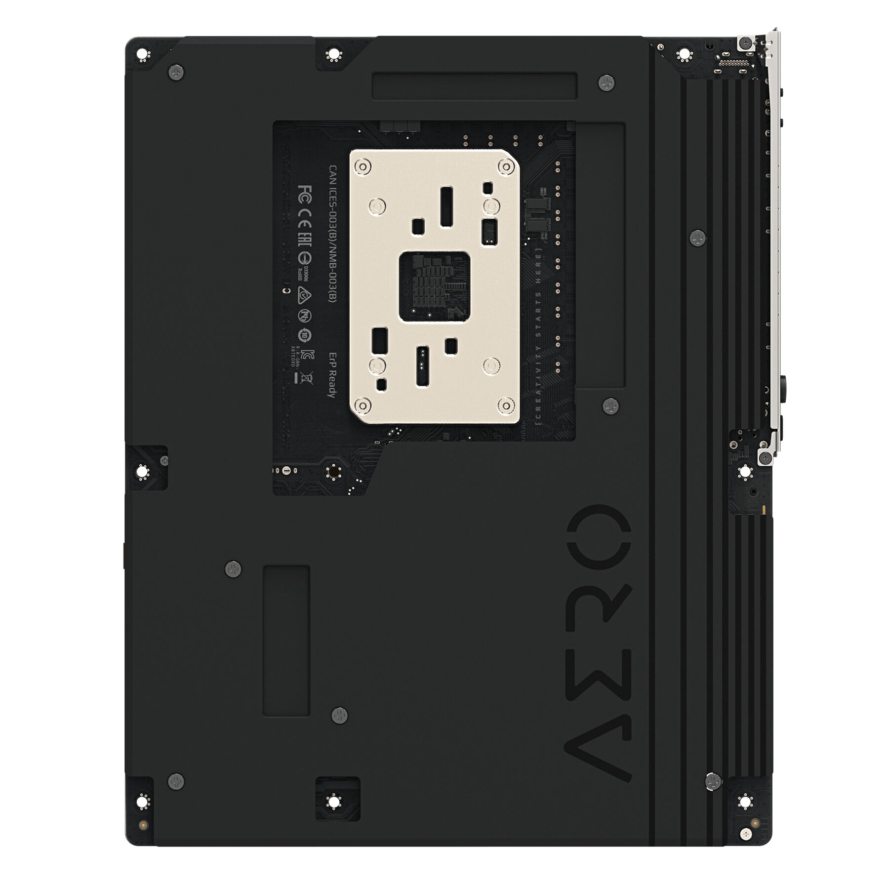 Vista trasera de una placa base negra con zócalo de CPU, conectores y marcas.