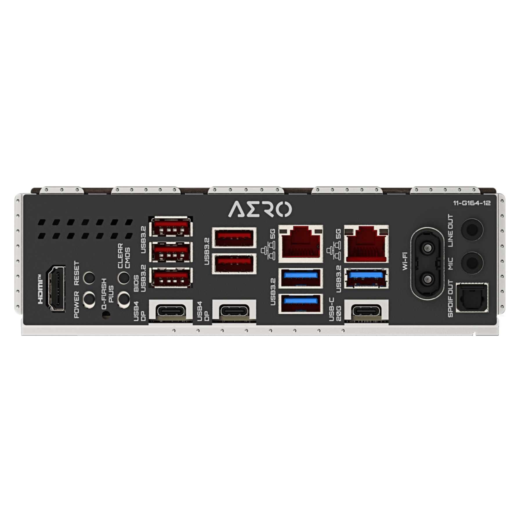 Vista trasera de un ordenador con muchos puertos: HDMI, USB, Ethernet, Audio y más.