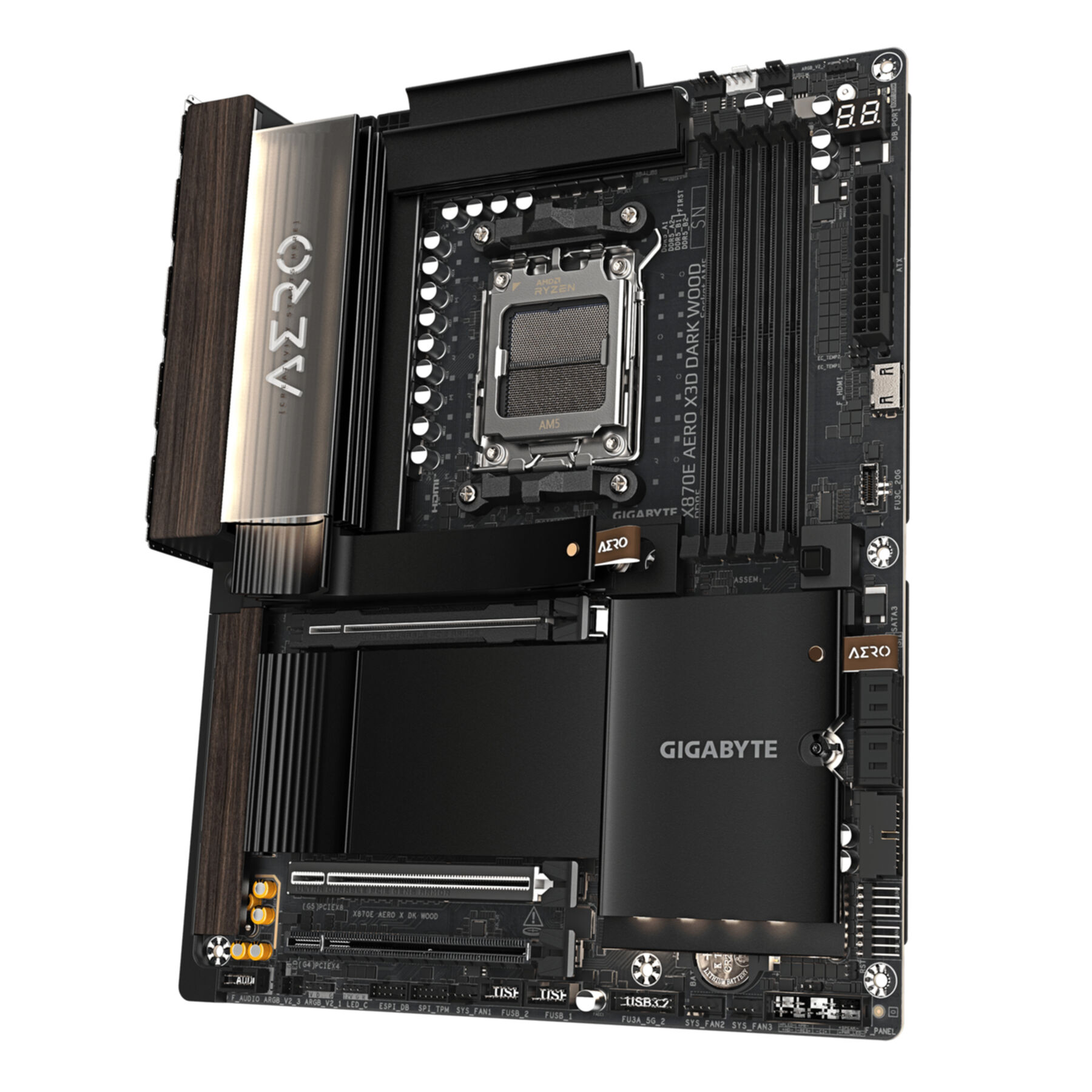 Una placa base Gigabyte X870E AERO negra con detalles en madera y disipadores plateados.