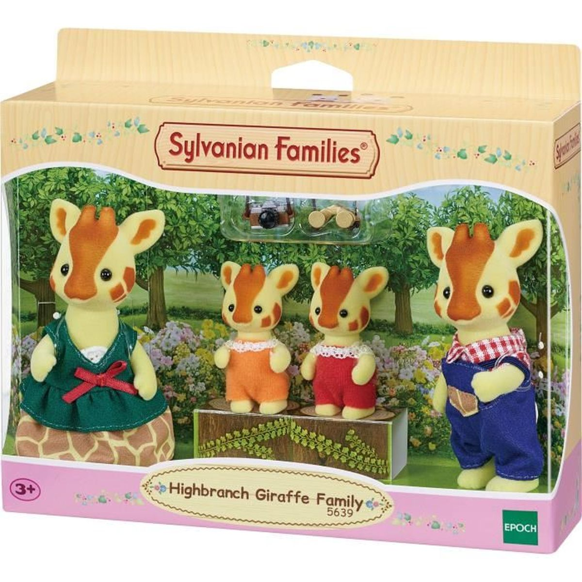 Familia de jirafas Sylvanian Families en caja con árboles y flores.
