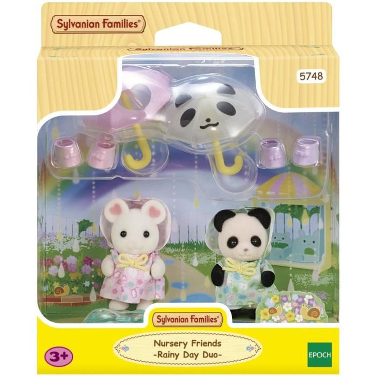 Juguete Sylvanian Families: Panda y ratón bajo la lluvia con paraguas.