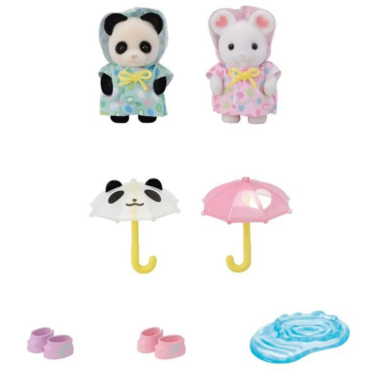 Panda y ratón con impermeables, dos paraguas, zapatos y un accesorio de gota de agua.