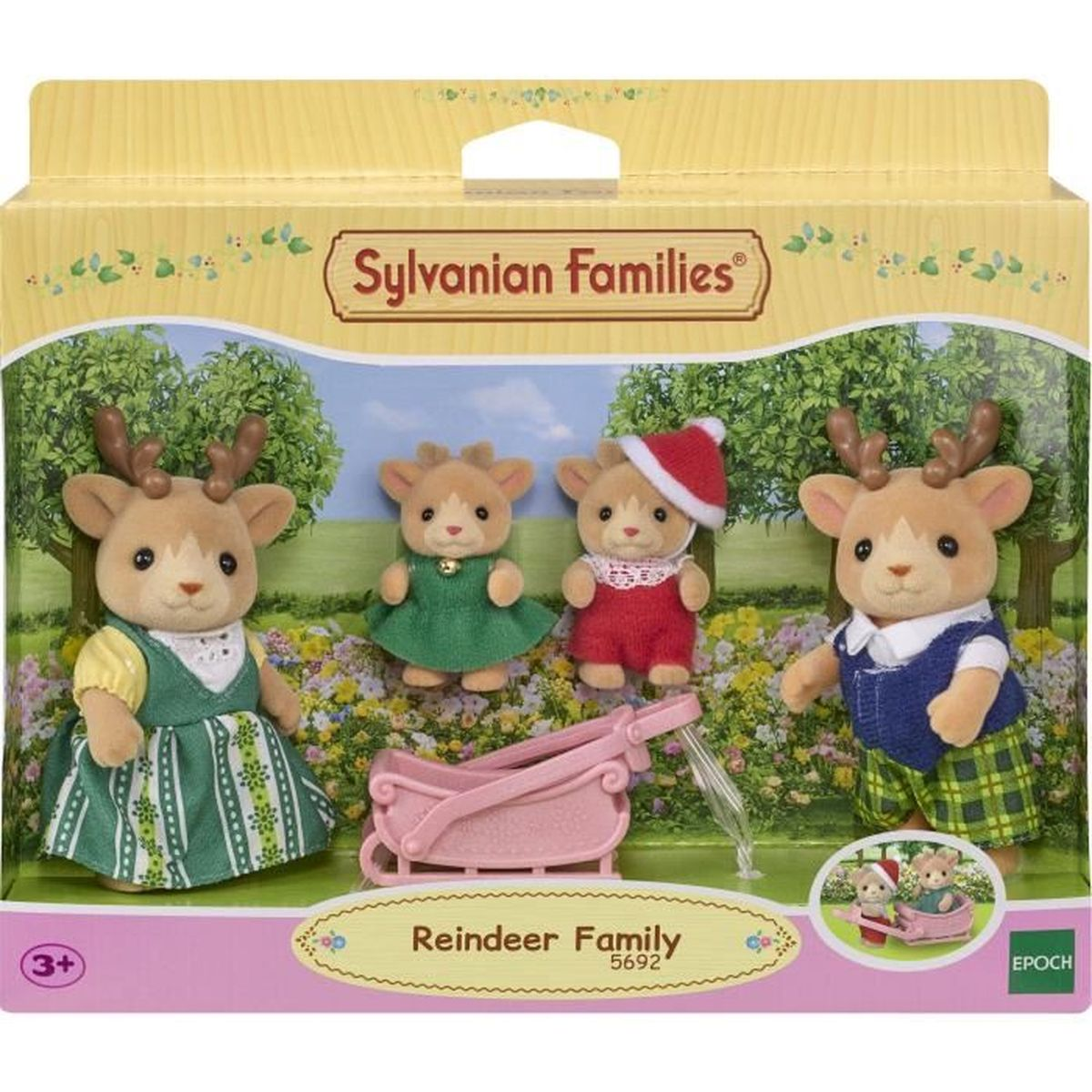 Caja de juguetes Sylvanian Families Familia de Renos con cuatro figuras, un trineo y una escena invernal.