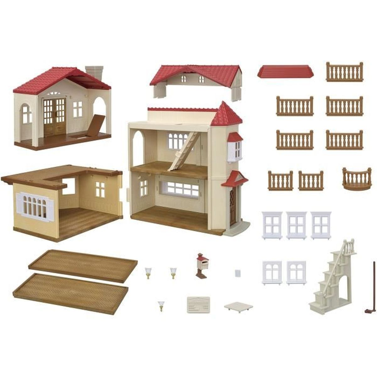 Casette per bambole e accessori: case, tetti, balconi, finestre, scale, cassetta postale, lampade.