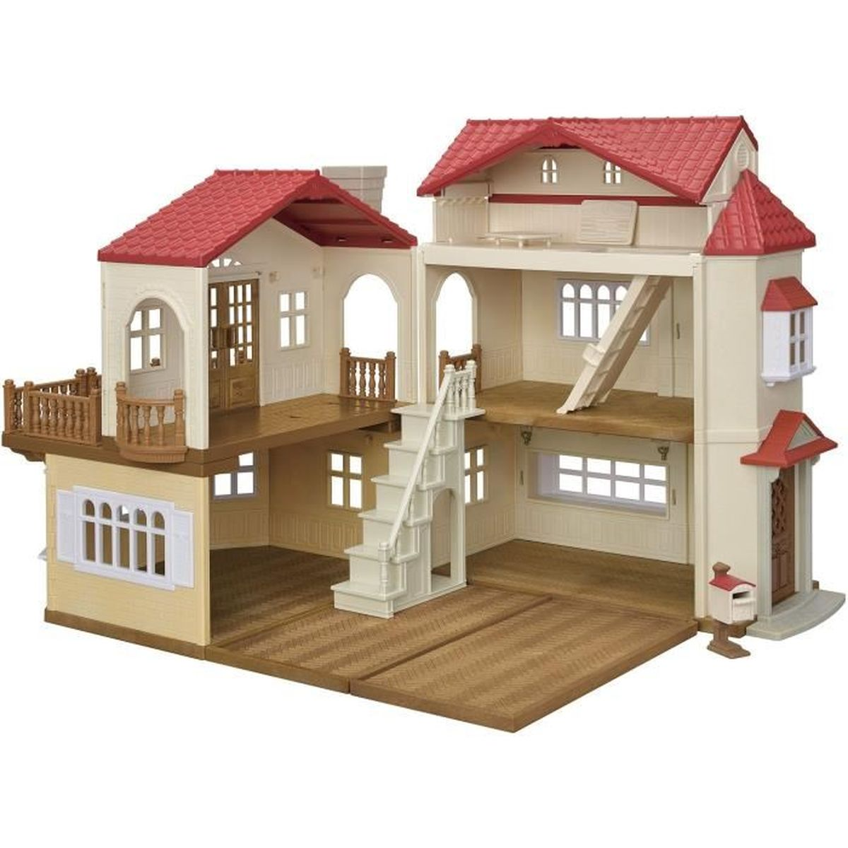 Casa giocattolo a più piani con tetti rossi, pareti color crema, balconi e scale.