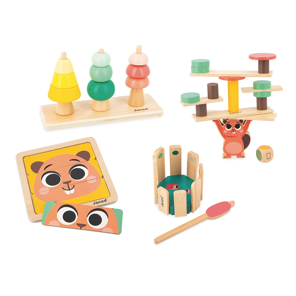 Jouets en bois : arbres à empiler, jeu d'équilibre avec castor, puzzle de hamster et jeu de type "attrape le ver".