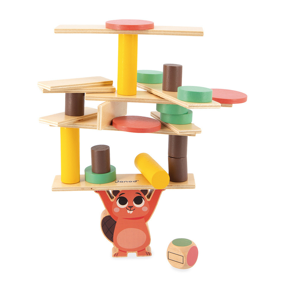 Un castor tient une tour de blocs de bois colorés. Un dé est à côté.