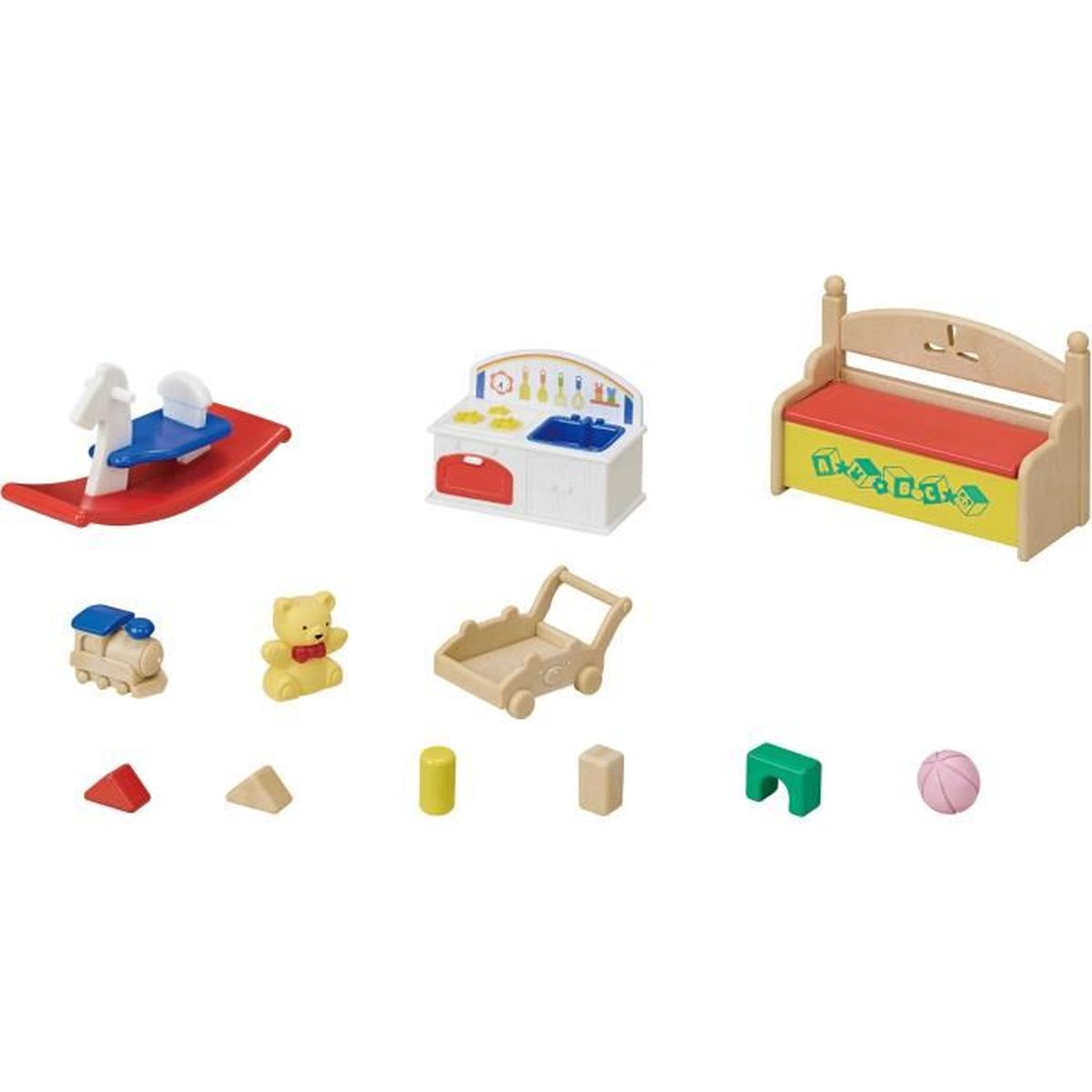 Juguetes: Caballito balancín, cocina, banco, tren, oso de peluche, carrito, bloques, pelota.