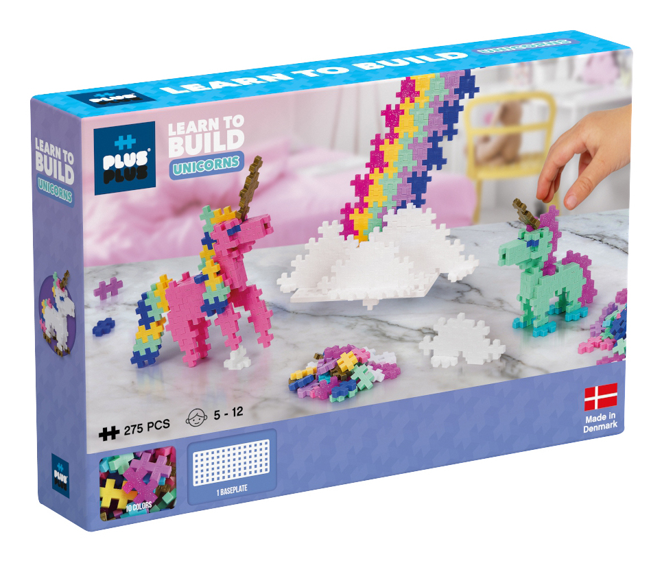 Verpackung für Plus Plus Einhorn-Bausatz, zeigt zwei Einhörner aus bunten Blöcken.