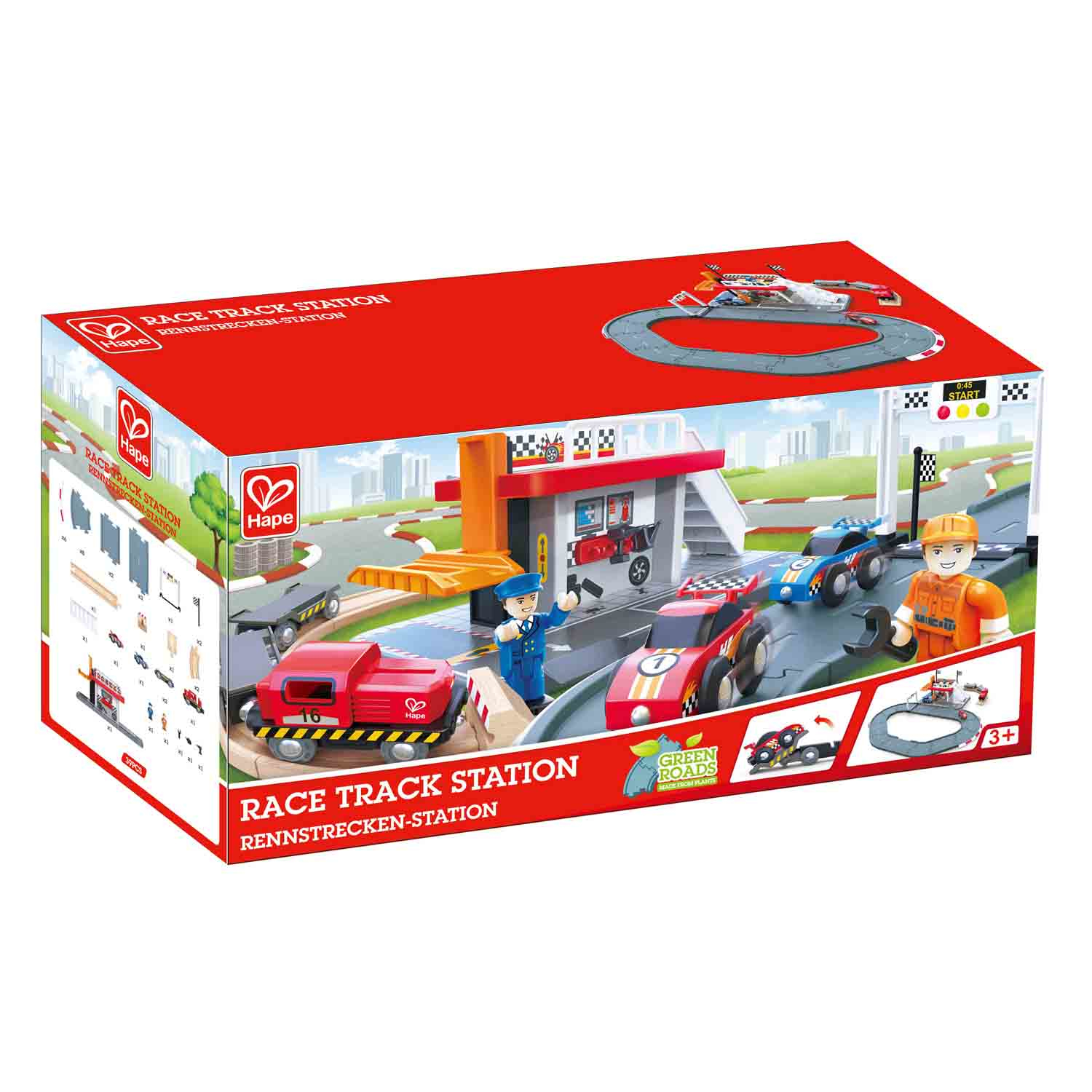 Hape Rennstrecken-Station Spielzeugverpackung mit Autos, Figuren und Streckenteilen.