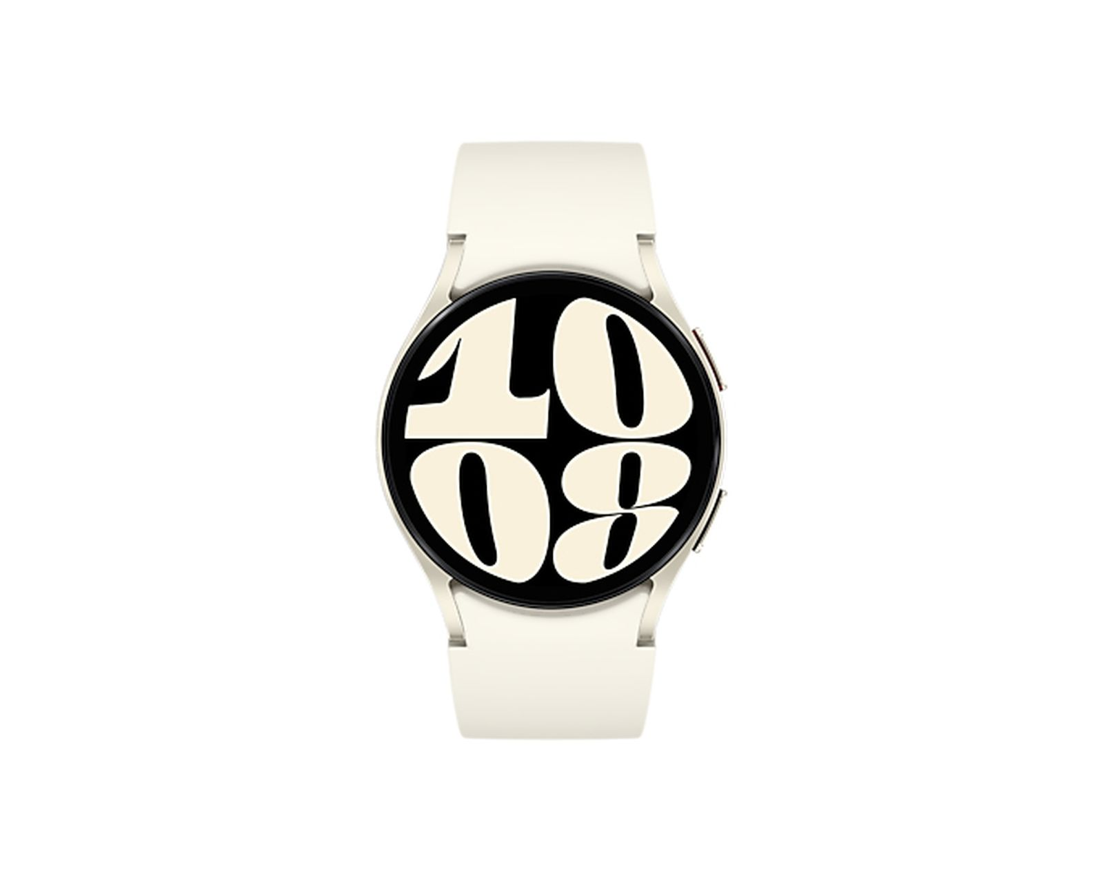 Uno smartwatch bianco con quadrante nero che mostra i numeri 10 e 08.