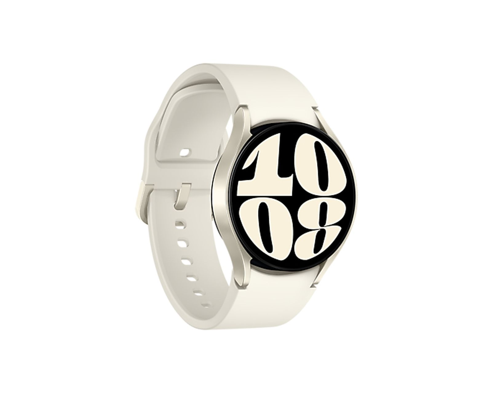 Uno smartwatch bianco con quadrante rotondo che mostra le 10:08.
