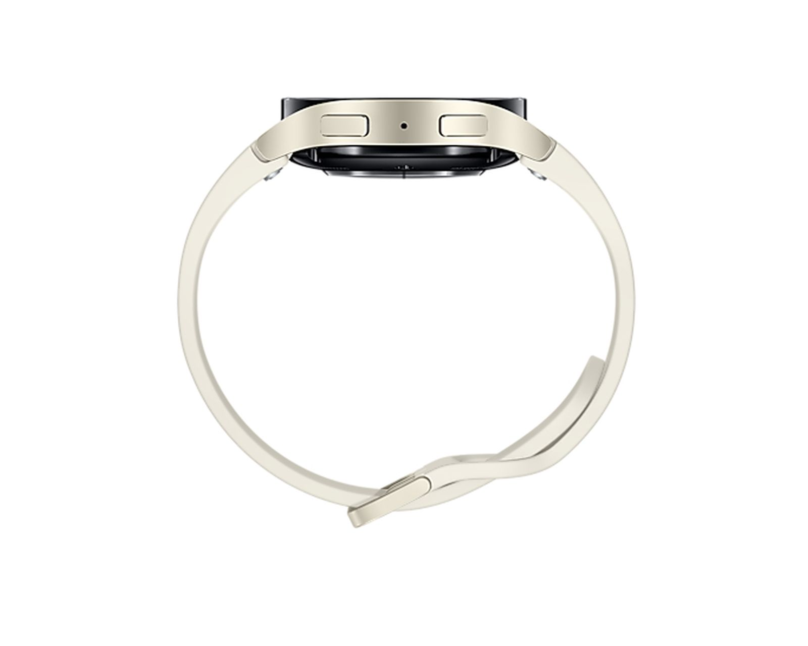 Uno smartwatch color chiaro con cinturino color crema, visto dall'alto.