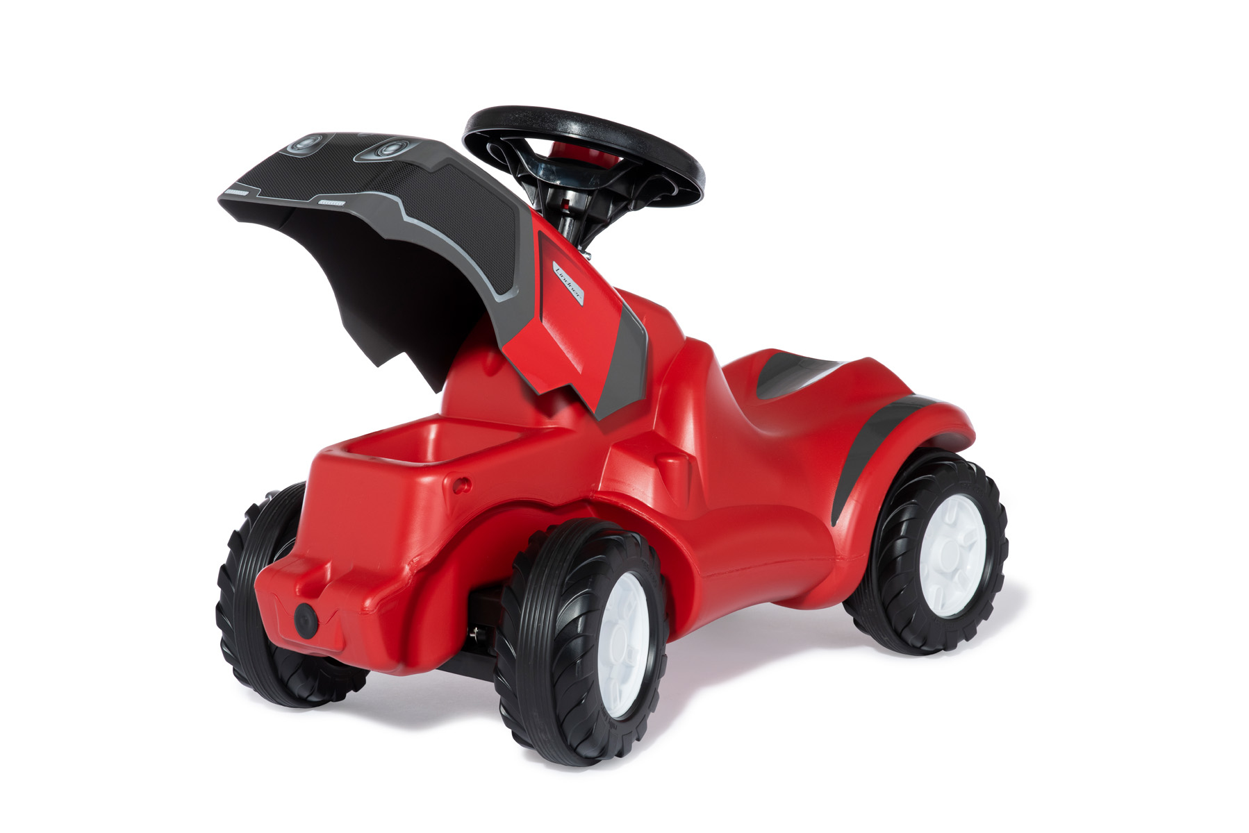 Un'auto giocattolo rossa con volante nero e cofani aperti.